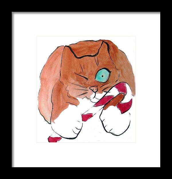 Funny Happy Humor Cute Animal Whimsy Whimsical Pets Christmas “christmas-cat” “christmas Kitten”  Cats Framed Print featuring the painting My Candycane by Ellen Miffitt