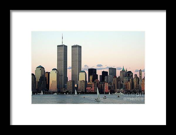Nyc Harbor Sunset Framed Print featuring the photograph NYC Harbor Sunset by Judee Stalmack