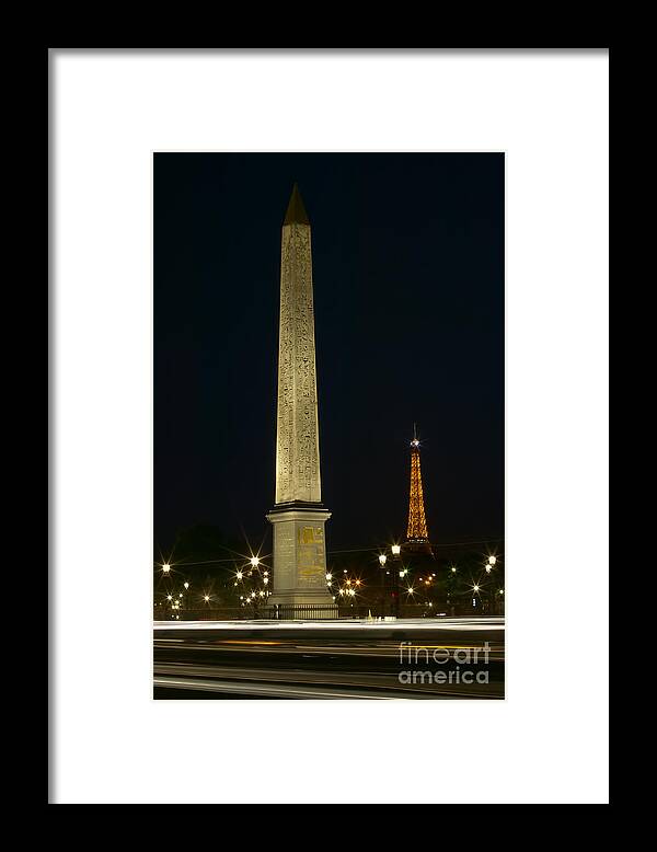 Clarence Holmes Framed Print featuring the photograph Obelisk of Luxor and Eiffel Tower at Night by Clarence Holmes