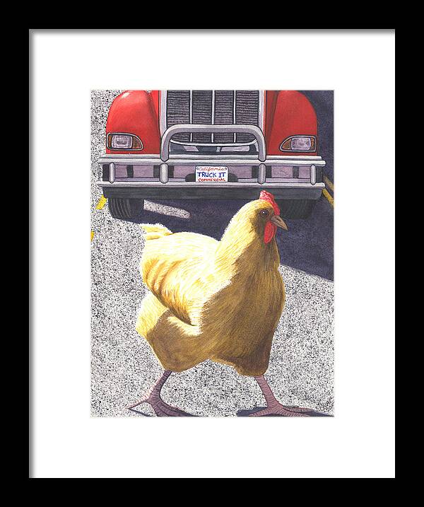Chicken Framed Print featuring the painting Oh why did the chicken cross the road by Catherine G McElroy