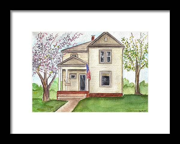 Flag Framed Print featuring the painting Ohio cottage with Flag by Clara Sue Beym