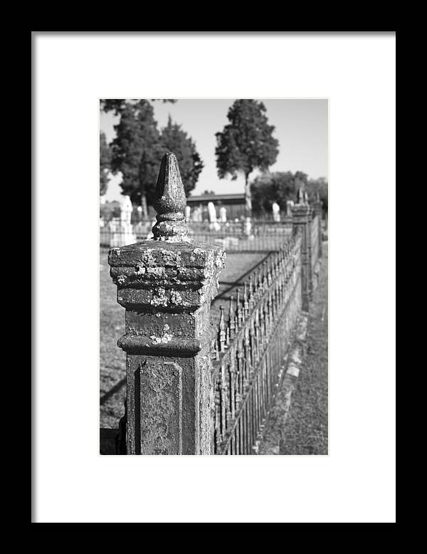 Graveyard Framed Print featuring the photograph Old Graveyard Fence in Black and White by Kathy Clark