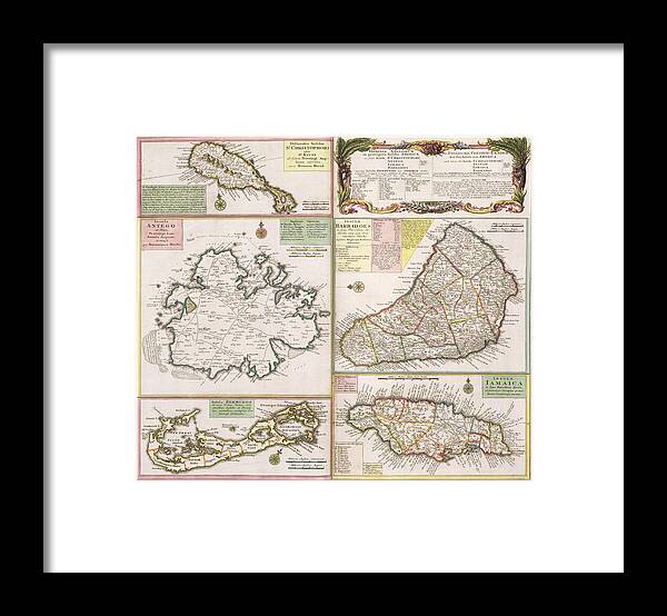 Maps Framed Print featuring the drawing Old Map of English Colonies in the Caribbean by German School