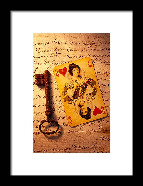 Playing Framed Print featuring the photograph Old playing Card and key by Garry Gay
