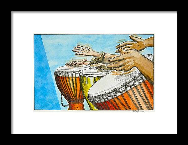 Drum Framed Print featuring the painting One Song Many Hands by Vic Delnore