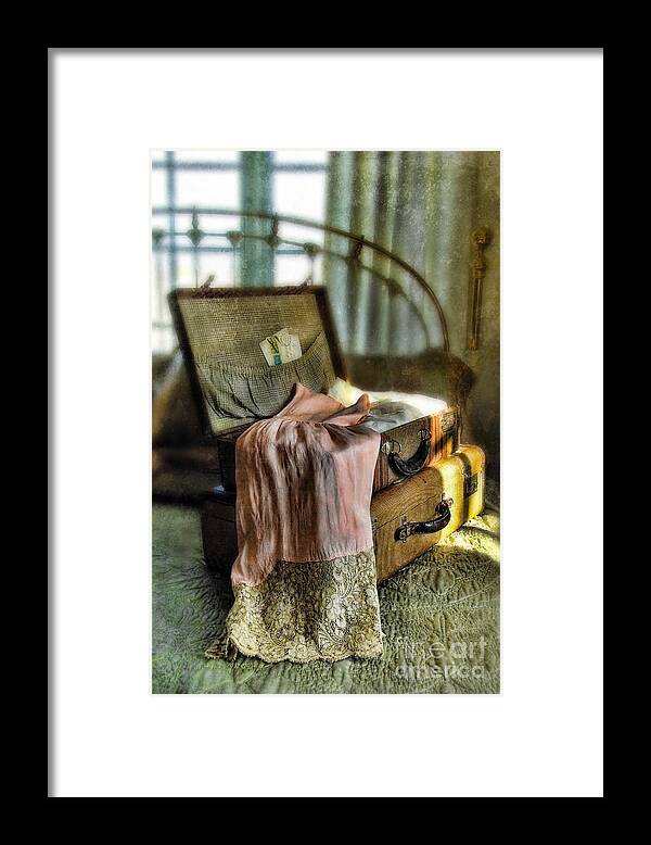 Suitcase Framed Print featuring the photograph Open Vintage Suitcase with Letter and Lace by Jill Battaglia