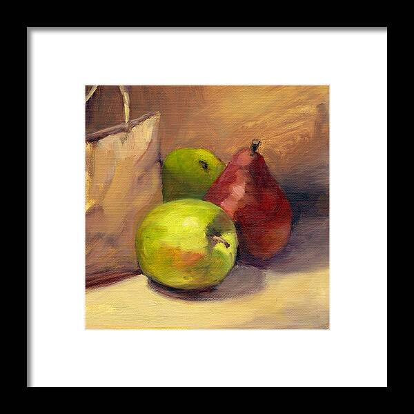 Apple Framed Print featuring the painting Out of the Bag by Vikki Bouffard