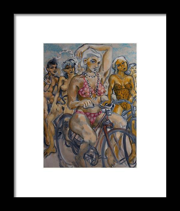 Nudes Framed Print featuring the painting Painted ladies on the naked bike ride take a break in view of the London Eye by Peregrine Roskilly