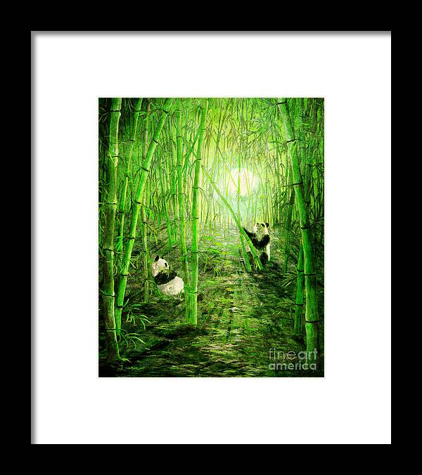 Fantasy Framed Print featuring the digital art Pandas in Springtime Bamboo by Laura Iverson