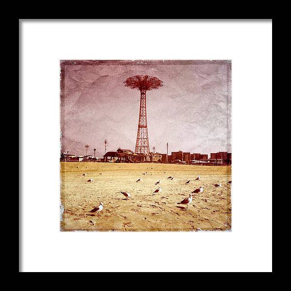 Parachute Jump Framed Print featuring the photograph Parachute Jump With Seagulls by Frank Winters