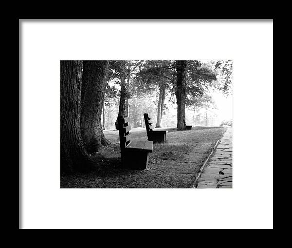 Black And White Framed Print featuring the photograph Park Bench in Black and White by Lisa Lambert-Shank