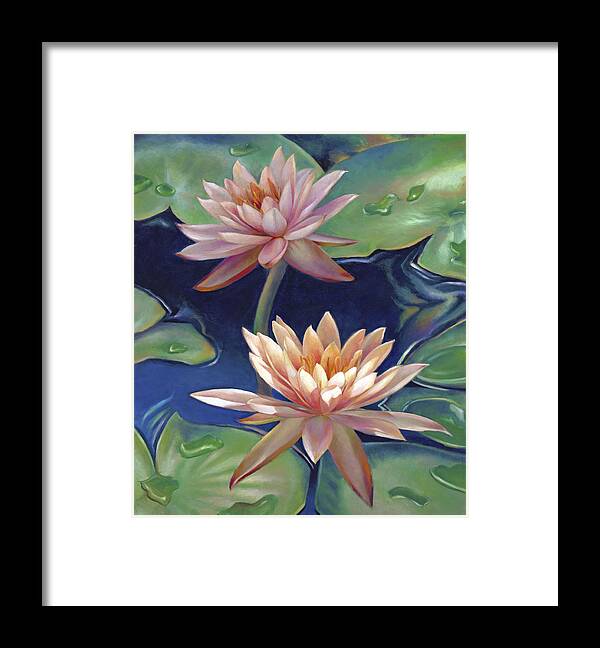 Twin Water Lilies Framed Print featuring the painting Peachy Pink Nymphaea Water Lilies by Nancy Tilles