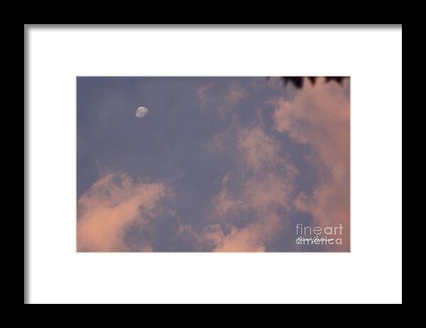 Clouds Framed Print featuring the photograph Pink clouds with Moon by Yumi Johnson