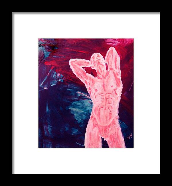 Pink Framed Print featuring the painting Pink Transgender Male Nude Figure on Blue Green Red Chaotic Background of Transformation and Change by MendyZ M Zimmerman