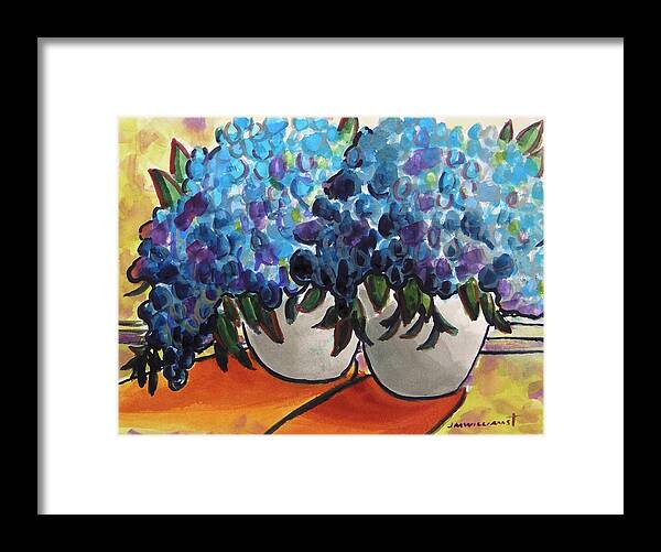 Blue Hydrangeas Framed Print featuring the painting Pots of Hydrangeas by John Williams