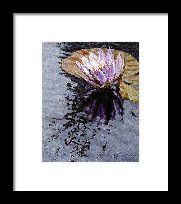 Water Lily Framed Print featuring the painting Purple Lily with Ripples by John Lautermilch