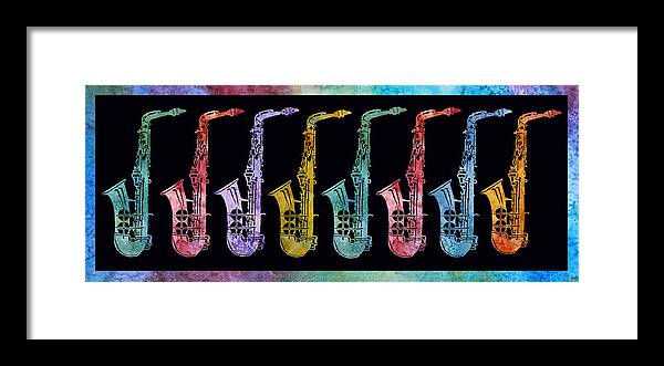 Sax Framed Print featuring the digital art Rainbow Saxophones by Jenny Armitage