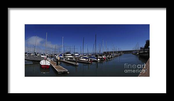 San Francisco Bay Framed Print featuring the photograph Red Boat Panorama by Sherry Davis