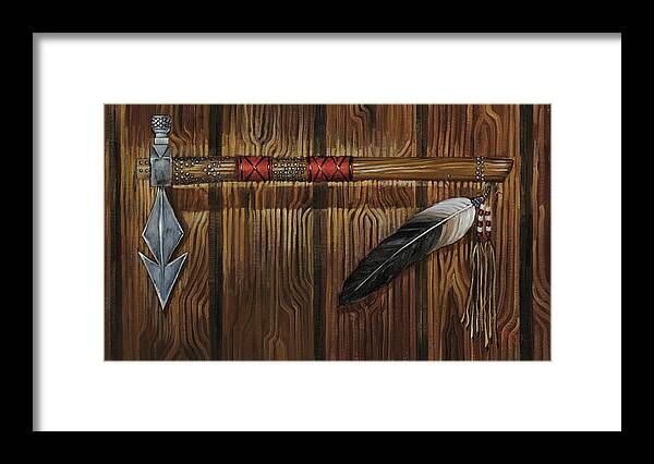 Tomahawk Framed Print featuring the painting Red Handle Tomahawk Peacepipe by Geraldine Arata