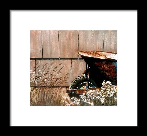 Wheelbarrow Framed Print featuring the painting Retired by Susan Elise Shiebler