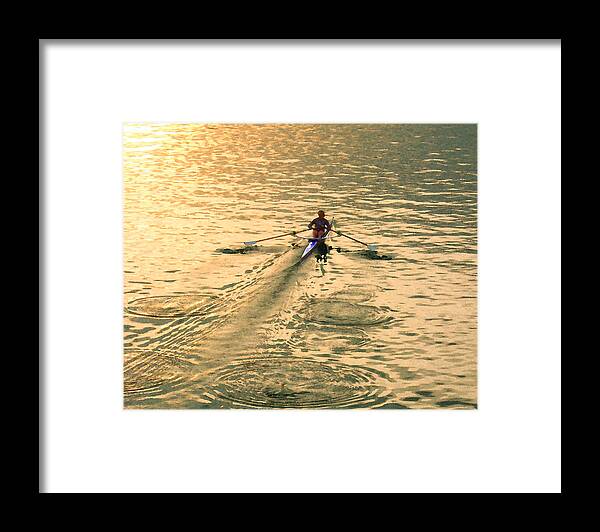 Rowing Framed Print featuring the digital art Row at Dawn by Timothy Bulone
