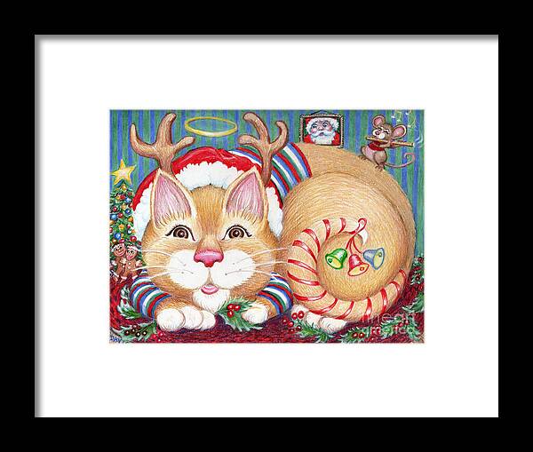 Cat Framed Print featuring the drawing Rudolph The Pink Nosed Dear Cat by Dee Davis