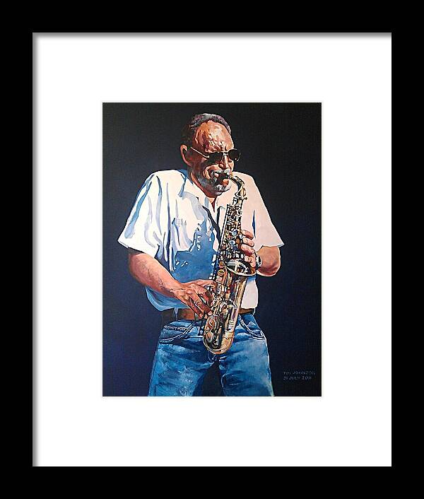 Willie Van Zyl Framed Print featuring the painting Saxophone by Tim Johnson