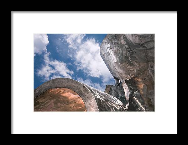 Mayo Park Rochester Minnesota Metal Sculpture Sky Clouds Blue White Silver Shine Shiny Framed Print featuring the photograph Sculpture and Sky by Tom Gort