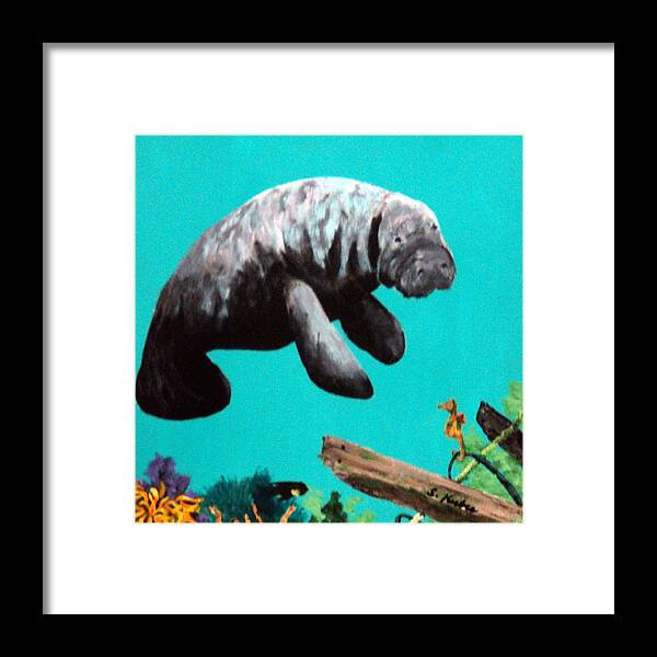 Florida Framed Print featuring the painting Sea Horse and Manatee by Susan Kubes