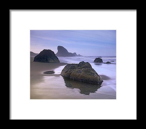 00175855 Framed Print featuring the photograph Sea Stack And Boulders At Meyers Creek by Tim Fitzharris