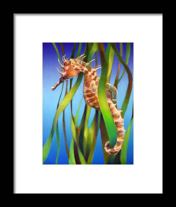 This Is An Oil Painting Portrait Of The Seahorse Among The Reeds On A Smooth Graduated Blue Background. This Painting Is One Of A Set. Inspiration For This Painting Came From Visiting Several City Aquariums. Framed Print featuring the painting Seahorse II among the Reeds by Nancy Tilles
