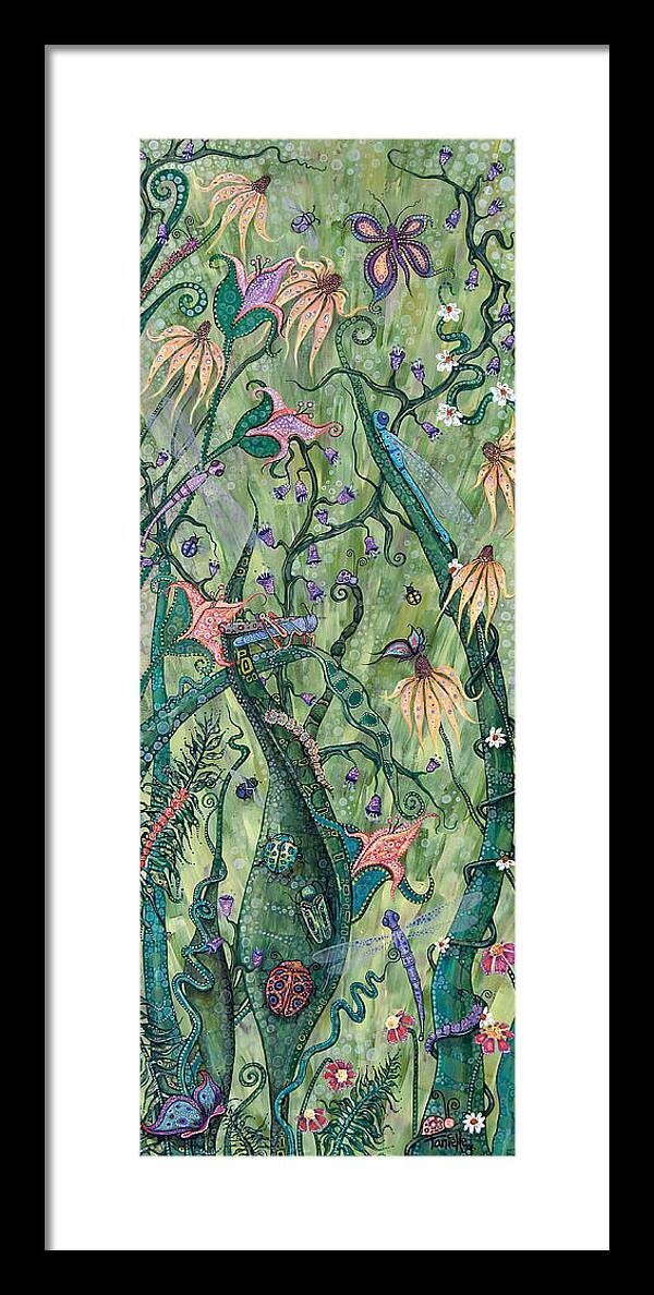 Flowers And Butterflies And Dragonflies On Green Background Framed Print featuring the painting Serendipity by Tanielle Childers