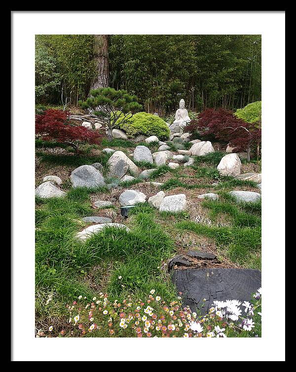 #landscape #garden #rock #white #grey #green #burning #red #burningred #trees #forest #statue #buddha #flowers #grass #japanese  Framed Print featuring the photograph Serene Buddha by Kat Ballou