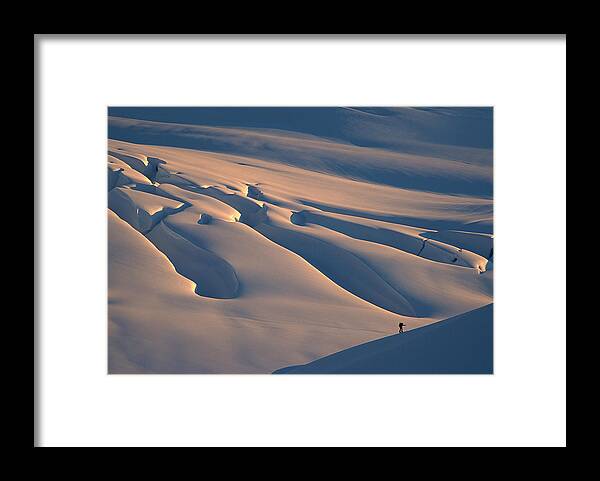 00260037 Framed Print featuring the photograph Skier And Crevasse Patterns At Sunset by Colin Monteath