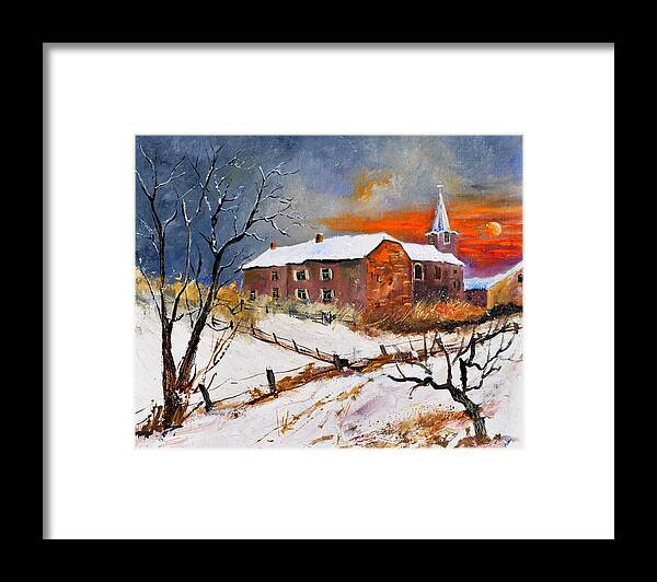 Landscape Framed Print featuring the painting Snow In Houyet by Pol Ledent