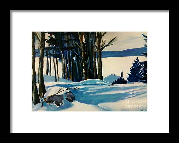 Landscape Framed Print featuring the painting Snowed in on Half Moon Lake NH by Debra Bretton Robinson