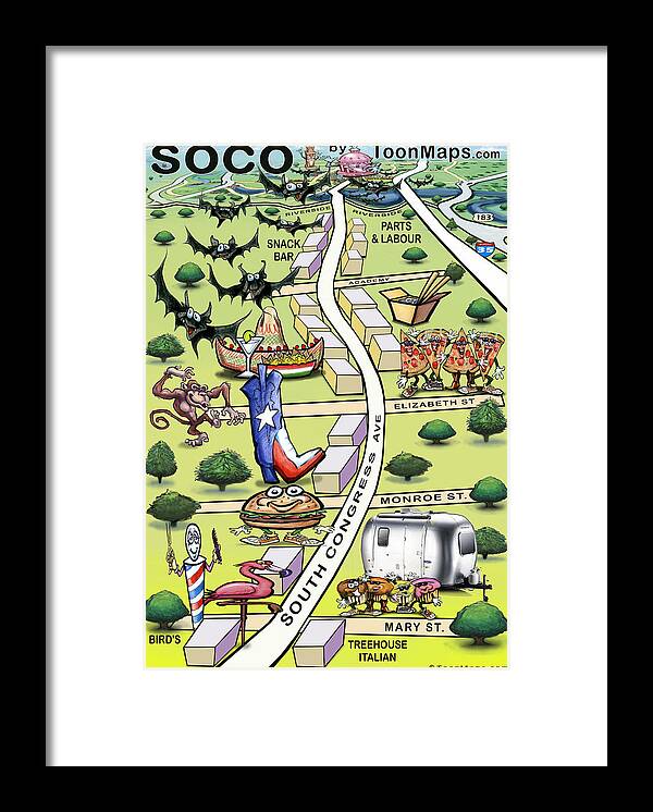 Soco Framed Print featuring the painting SOCO South Congress Ave ATX Cartoon Map by Kevin Middleton