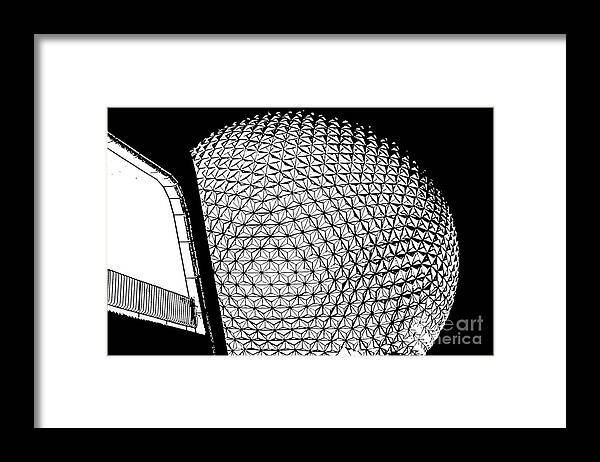 Travelpixpro Disney Framed Print featuring the digital art Spaceship Earth and Futuristic Walkway EPCOT Walt Disney World Prints Stamp by Shawn O'Brien