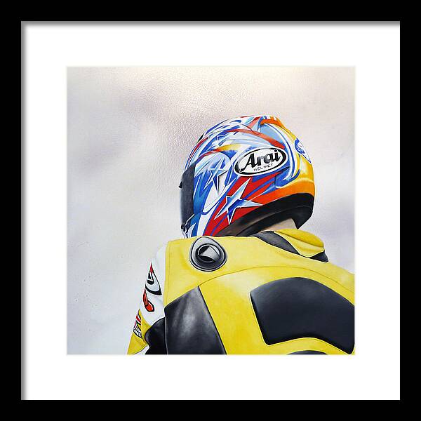 Self Portrait Motorcycle Motorcyclist Arai Leather Suit Motosports Racing Figurative Realism Contemporary Art Oil Painting Wood Panel Male Human Body Framed Print featuring the painting Steadfast by Ian Hemingway