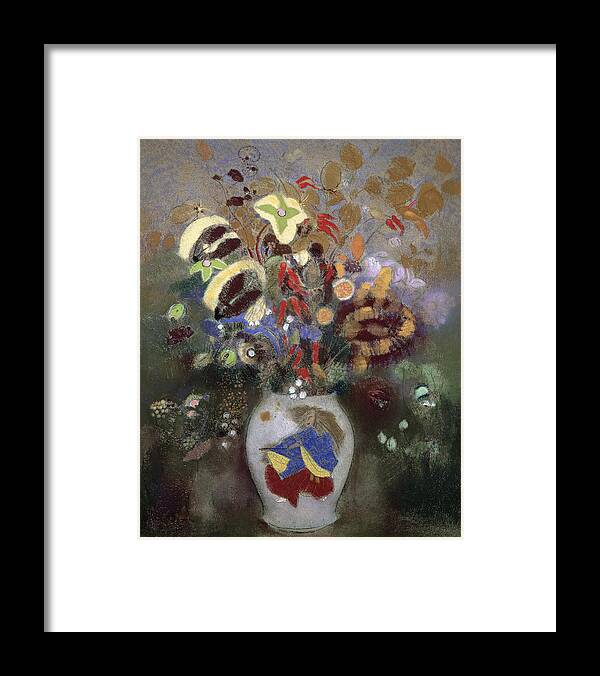 Oriental; Symbolist; Vase Au Guerrier Japonais Framed Print featuring the painting Still Life of a Vase of Flowers by Odilon Redon