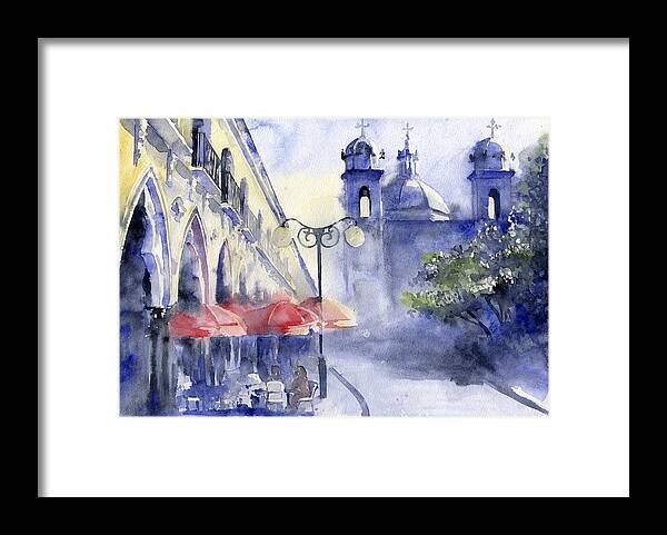 Watercolor Framed Print featuring the painting Street Cafe by Tania Vasylenko
