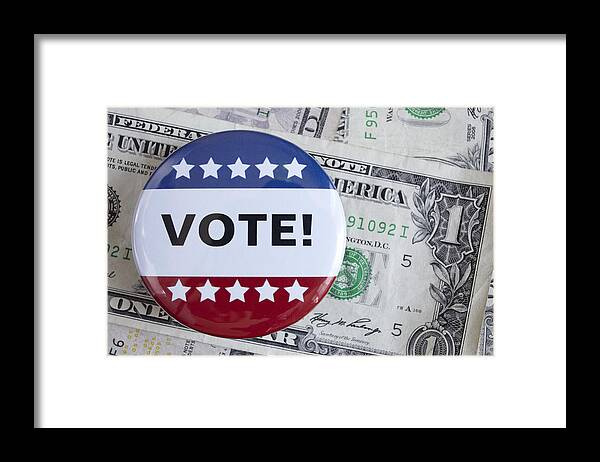 Horizontal Framed Print featuring the photograph Studio Shot Of Vote Pin And One Dollar Banknotes by Winslow Productions