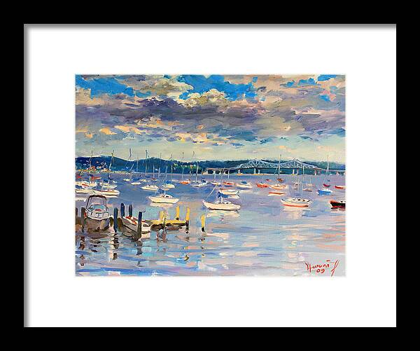 Hudson River Framed Print featuring the painting Sun and Clouds in Hudson by Ylli Haruni