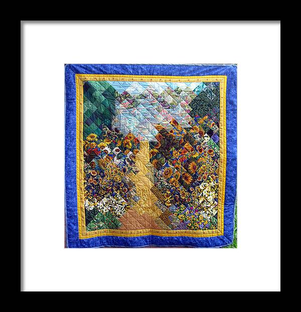 Quilt Framed Print featuring the tapestry - textile Sunflower path Quilt by Sarah Hornsby