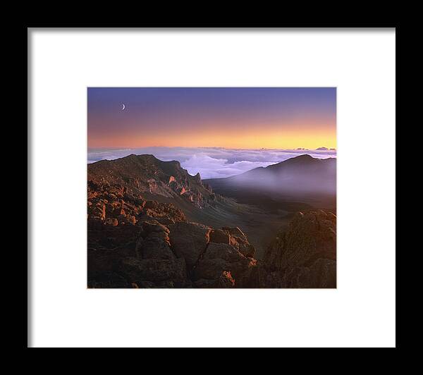 00176798 Framed Print featuring the photograph Sunrise And Crescent Moon Overlooking by Tim Fitzharris