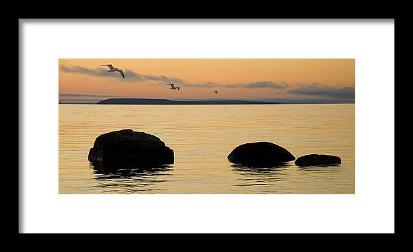Sunrise Framed Print featuring the photograph Sunrise with Gulls at St. Ignace Michigan by Randall Nyhof