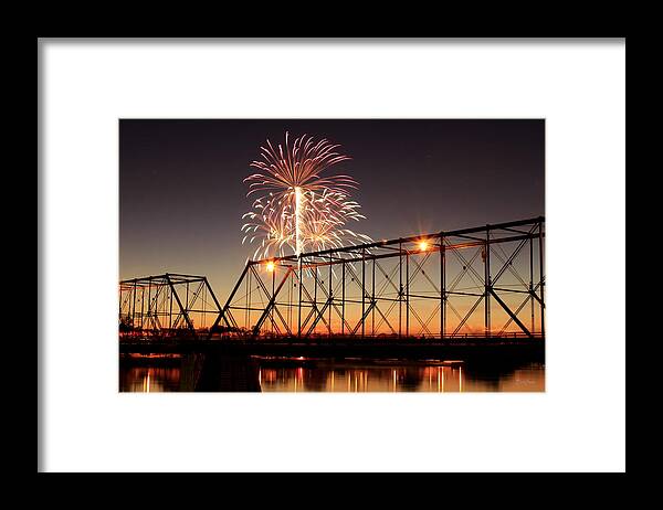 Bridge Framed Print featuring the photograph Sunset and Fireworks by Deborah Crew-Johnson
