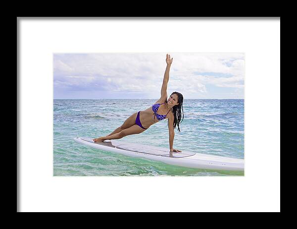 Active Framed Print featuring the photograph Surfboard Yoga by Tomas del Amo - Printscapes