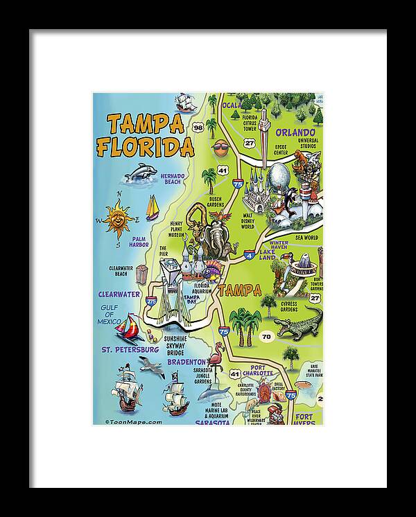 Tampa Framed Print featuring the painting Tampa Florida Cartoon Map by Kevin Middleton
