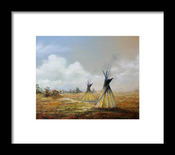 Oil Framed Print featuring the painting Teepee by Meg Keeling